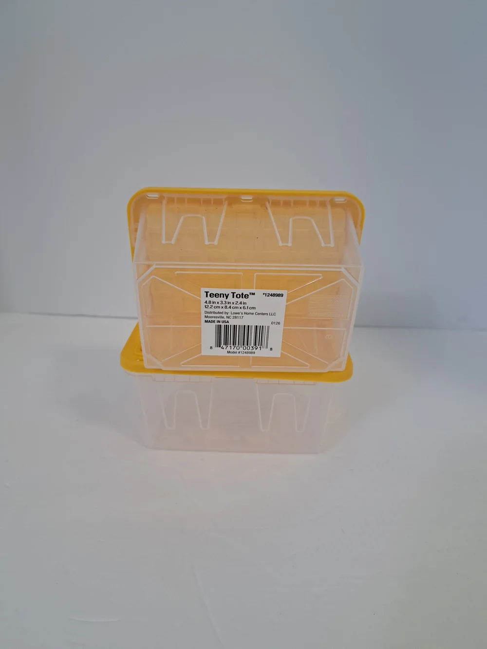 Set of 2 Lowe's Teeny Tote MINI Clear Plastic Totes with Yellow Lids Storage NEW